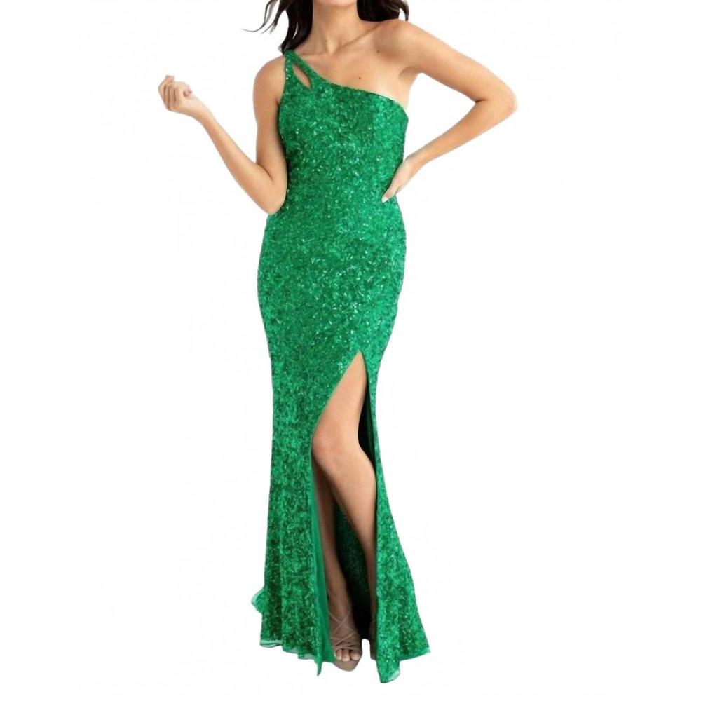 NEW PRIMAVERA asymmetrical neckline prom dress in emerald